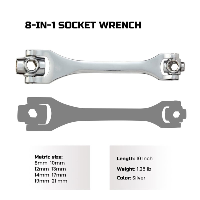 Lichamp 8-in-1 Socket Wrench Metric 8-21mm, Flexible Dog Bone Multi Functional Household Universal Hexagon Spanner, 360 Degree Rotating Head - Image 2